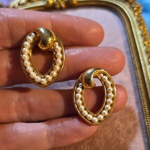 Vintage Gold-toned and Pearl Hoop Earrings